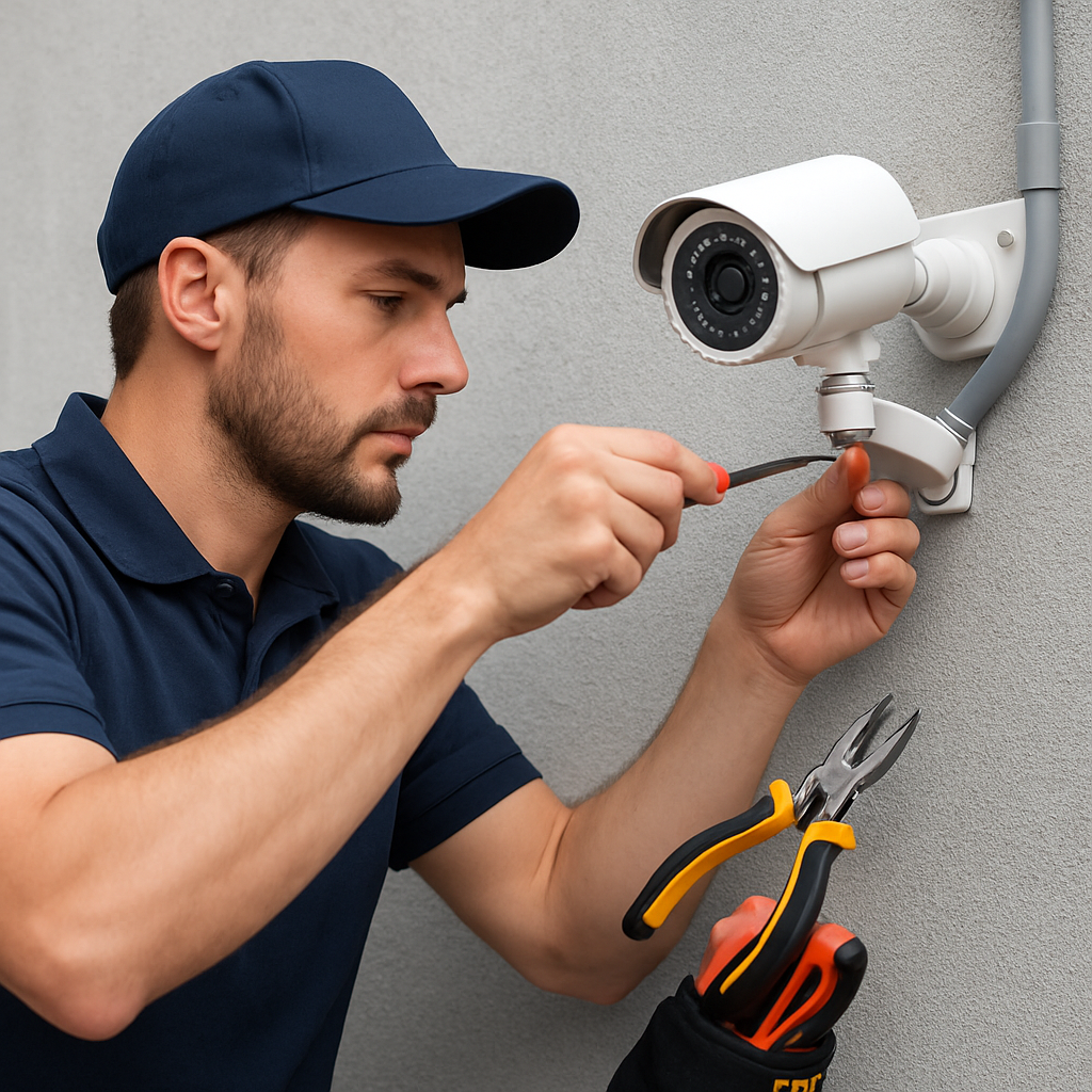 CCTV technician repairing security camera
